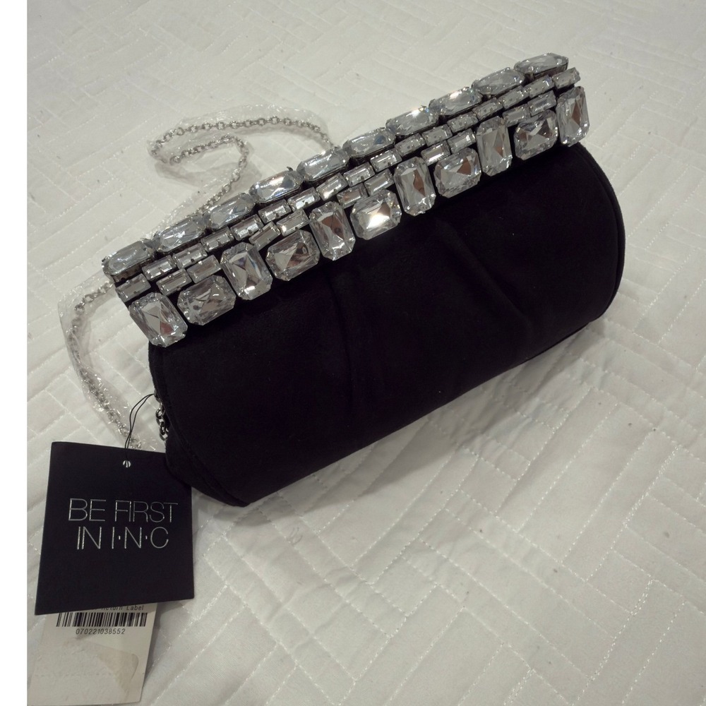 INC International Concepts Black Crystal Embellished Evening Clutch Bag NEW